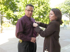 Chief Erwin and POI Stephanie Marquis prepare for a rare interview with WMTV. Photo by Nicole Schulte